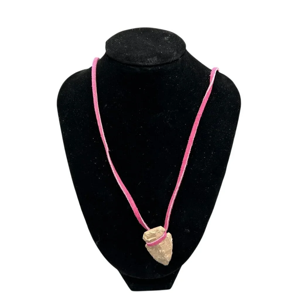 Arrowhead Stone Pendant Necklace on Pink Suede Leather Cord Boho Tribal